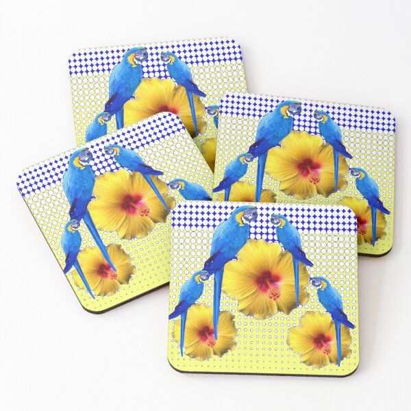 Artikelvorschau, TROPISCHE BLAUE MACAWS MODERNE GELBE HIBISCUS FLORAL ART entworfen und verkauft von sharlesart.