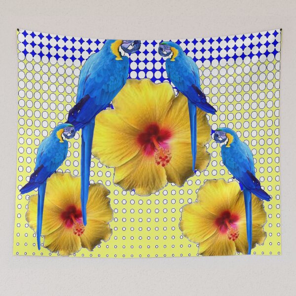 Item preview, TROPICAL BLUE MACAWS MODERN  YELLOW HIBISCUS FLORAL  ART designed and sold by sharlesart.