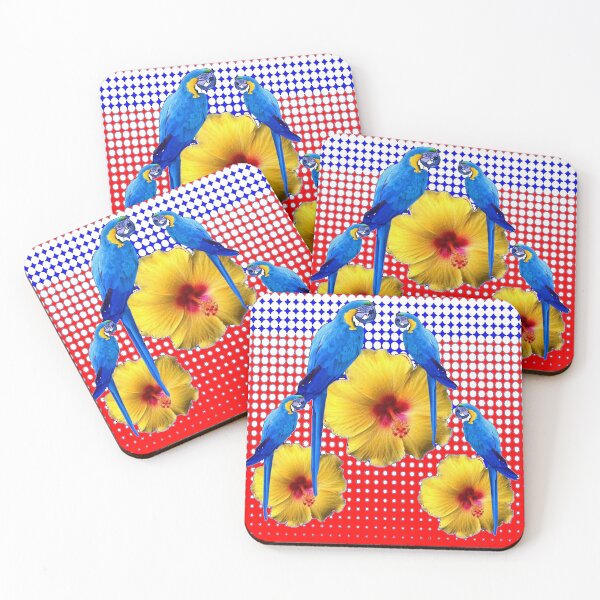 Item preview, TROPICAL BLUE MACAWS MODERN  YELLOW HIBISCUS FLORAL  RED ART designed and sold by sharlesart.
