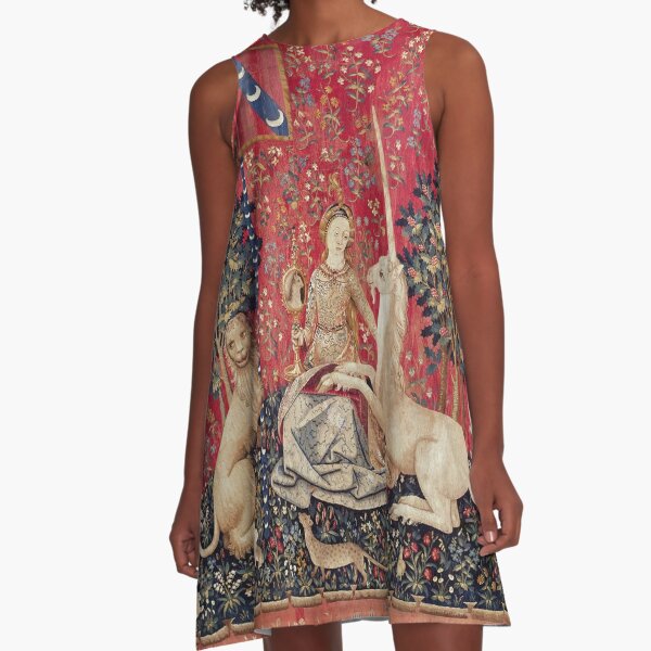 Medieval Unicorn Floral Tapestry A-Line Dress for Sale by