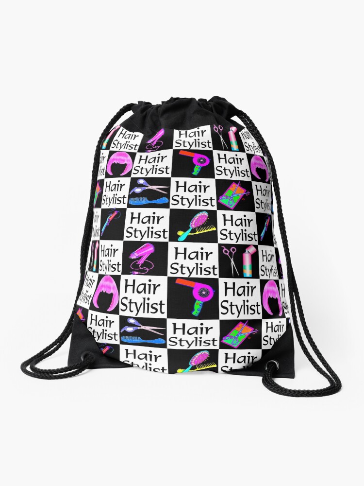 Fabulous Hair Stylist Black Checkered Design Drawstring Bag By