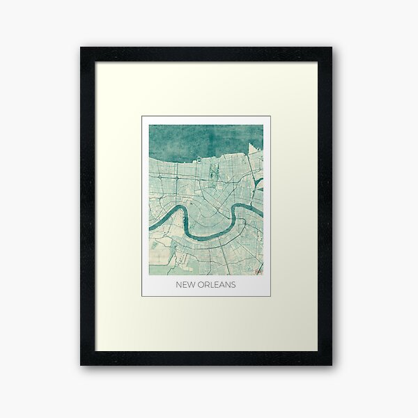 New Orleans Map Blue Vintage Framed Art Print