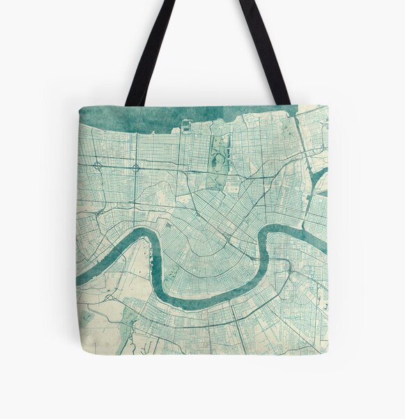New Orleans Map Blue Vintage All Over Print Tote Bag