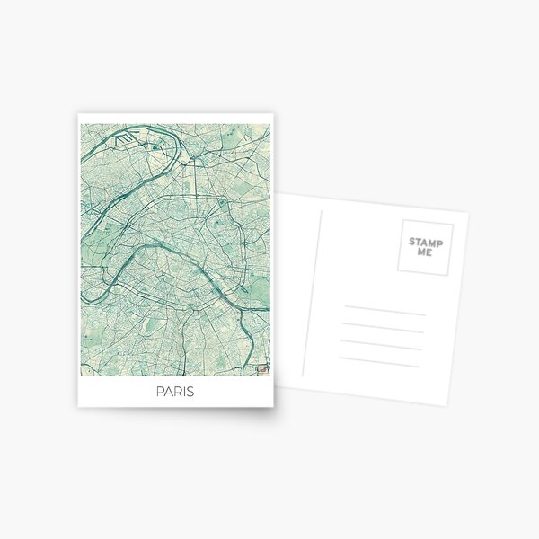 Paris Map Blue Vintage Postcard