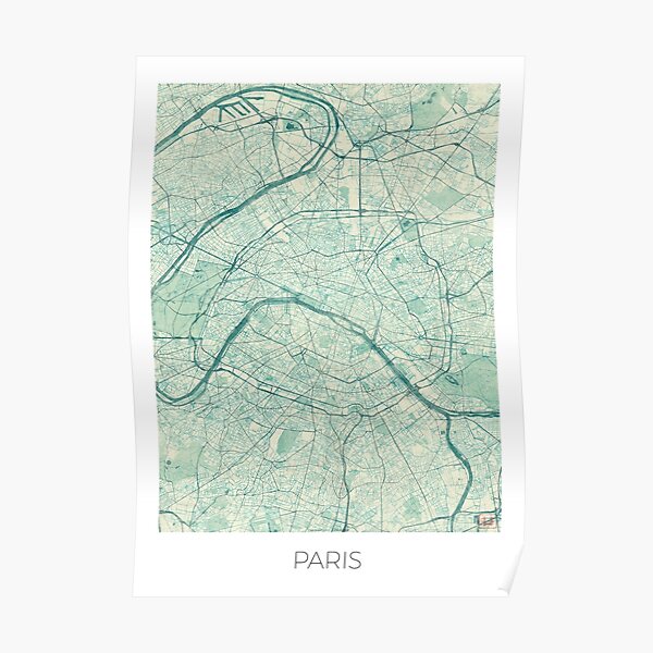 Paris Map Blue Vintage Poster