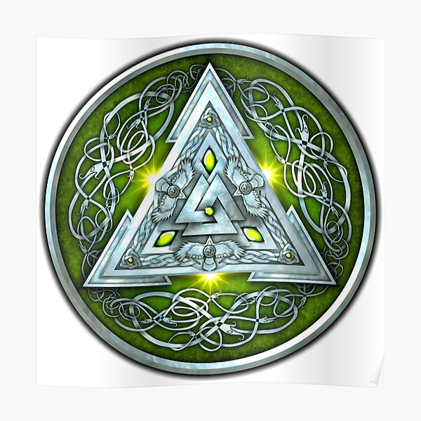 Norse Triskele Valknut Shield in Silver and Green Poster
