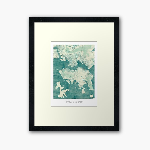 Hong Kong Map Blue Vintage Framed Art Print