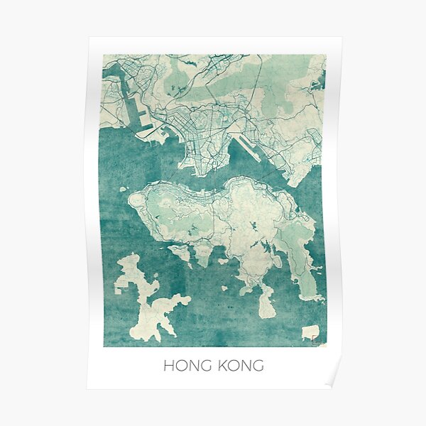 Hong Kong Map Blue Vintage Poster