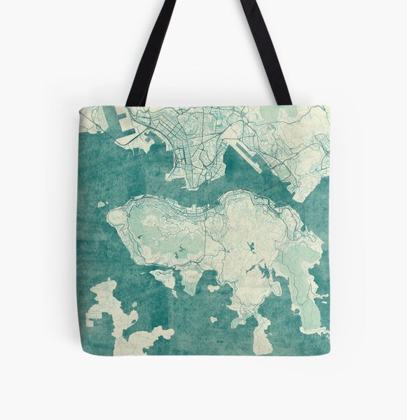 Hong Kong Map Blue Vintage All Over Print Tote Bag