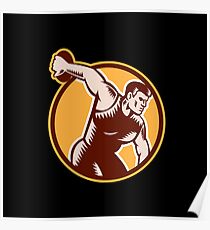 Discus Thrower Circle Woodcut Poster