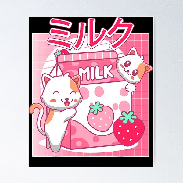 Cat Drinking Strawberry Milk Poster for Sale by DoseOfKawaii