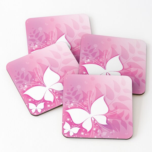 Item preview, White Butterflies & Stars Pink Leaves Background Abstract Art designed and sold by WearWolfDesigns.