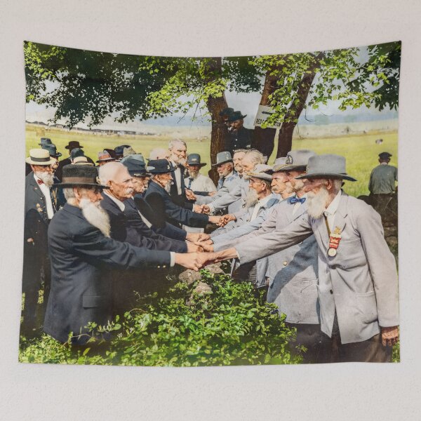 Item preview, Confederate and Union veterans at Gettysburg reunion in the year 1913 designed and sold by Sanna Dullaway.