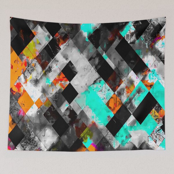 Item preview, geometric pixel square pattern abstract art in blue orange black designed and sold by Mrvell.