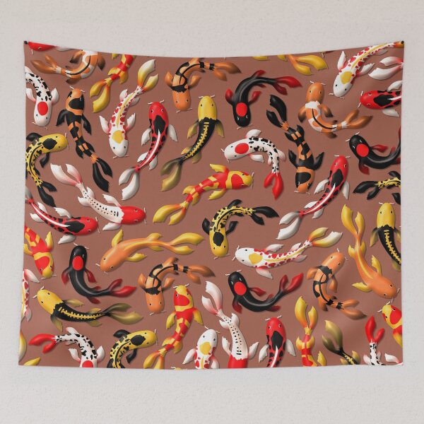 Item preview, Pattern of colorful Japanese koi fish before simple dark red background designed and sold by CiniArt.