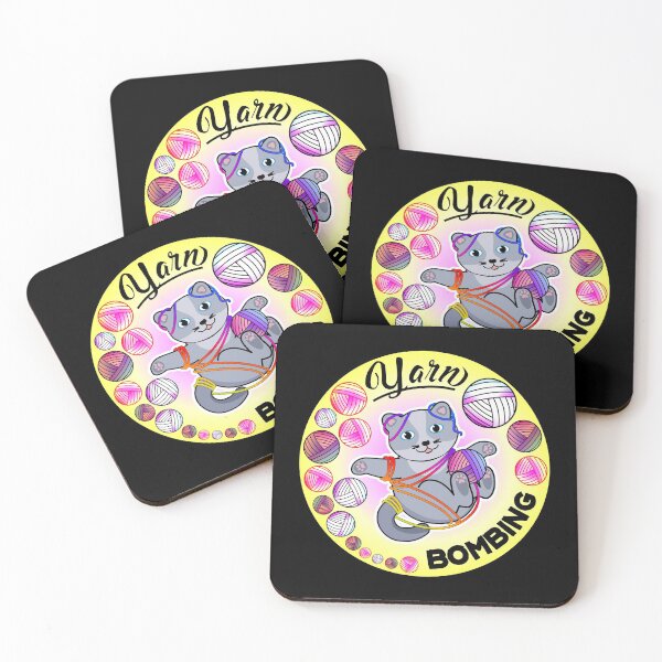 Item preview, Playful Cat playing and bombing yarn - rounded style with yellow background designed and sold by catnbloom.
