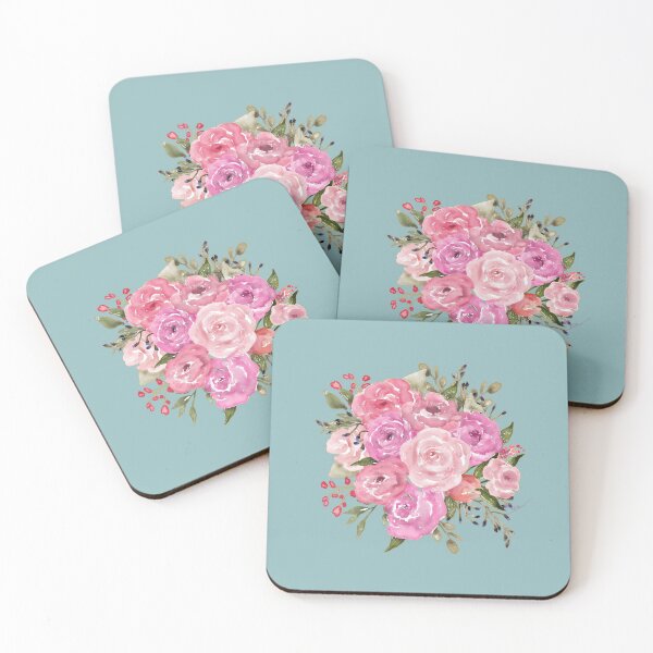 Item preview, Pink Roses Bouquet on Aqua | Vintage Style | Cherie's Art(c)2021 designed and sold by CheriesArt.