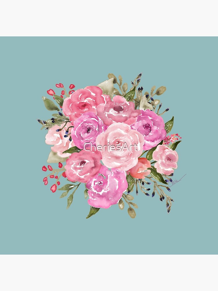 Pink Roses Bouquet on Aqua | Vintage Style | Cherie's Art(c)2021