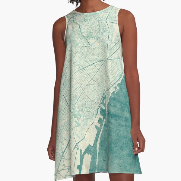 Barcelona Map Blue Vintage Vestido acampanado