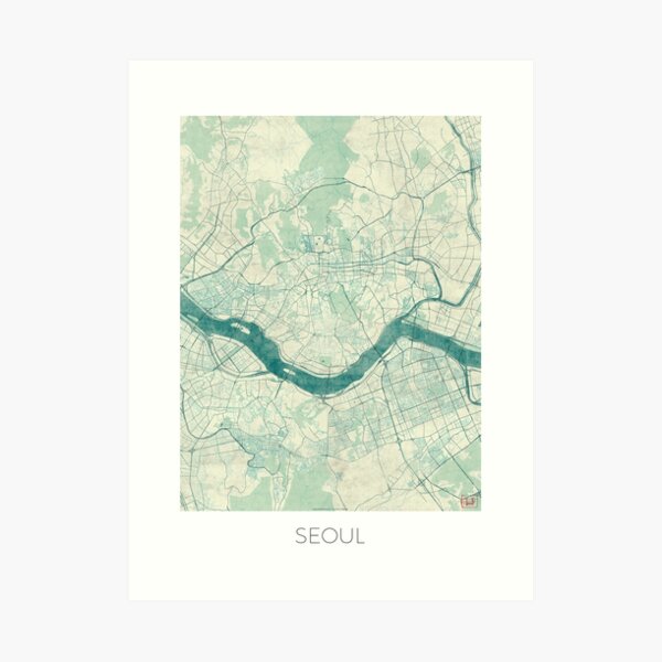 Seoul Map Blue Vintage Art Print