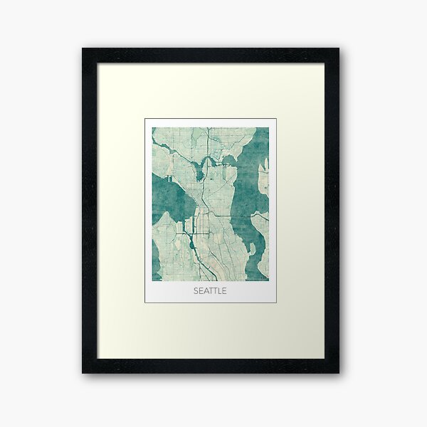 Seattle Map Blue Vintage Framed Art Print