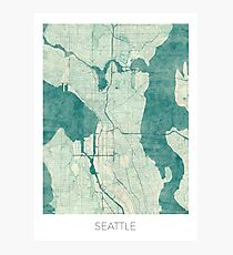 Seattle Map Blue Vintage Photographic Print