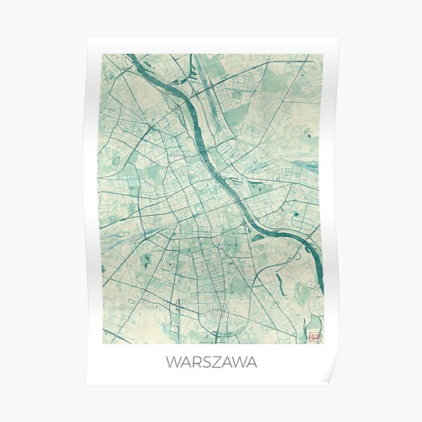 Warsaw Map Blue Vintage Poster