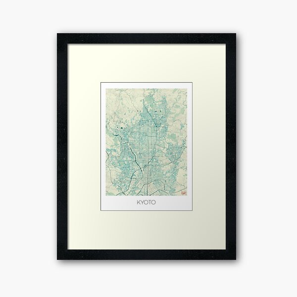 Kyoto Map Blue Vintage Framed Art Print