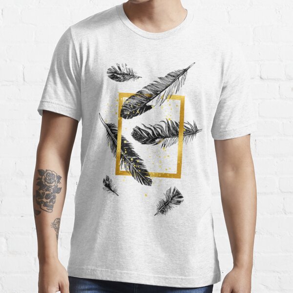 Hand Drawn Feathers Falling Through A Golden Frame Minimalist Contemporary T Shirt For Sale By