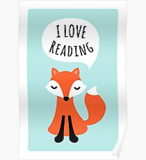 I love reading, cute cartoon fox on blue background Poster