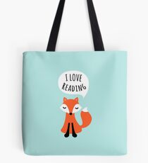 I love reading, cute cartoon fox on blue background Tote Bag