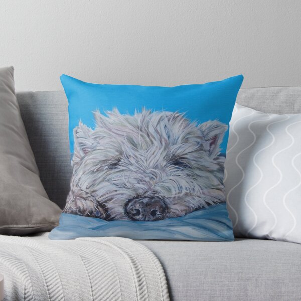 Little Mac. Snoozed. Dog painting art by award-winning UK artist Sam Fenner Throw Pillow