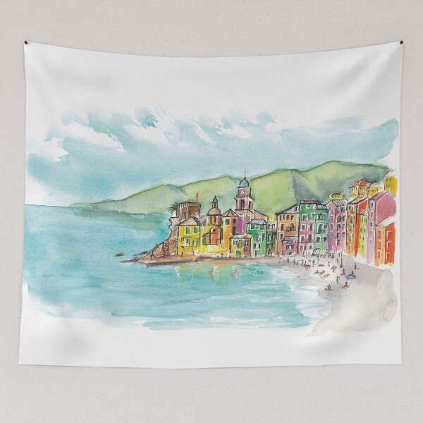 Item preview, Dolce Vita in Camogli Liguria - Beach Holidays Italy - Cheerful Colorful Summer Watercolor Travel Drawing designed and sold by happyartworld.