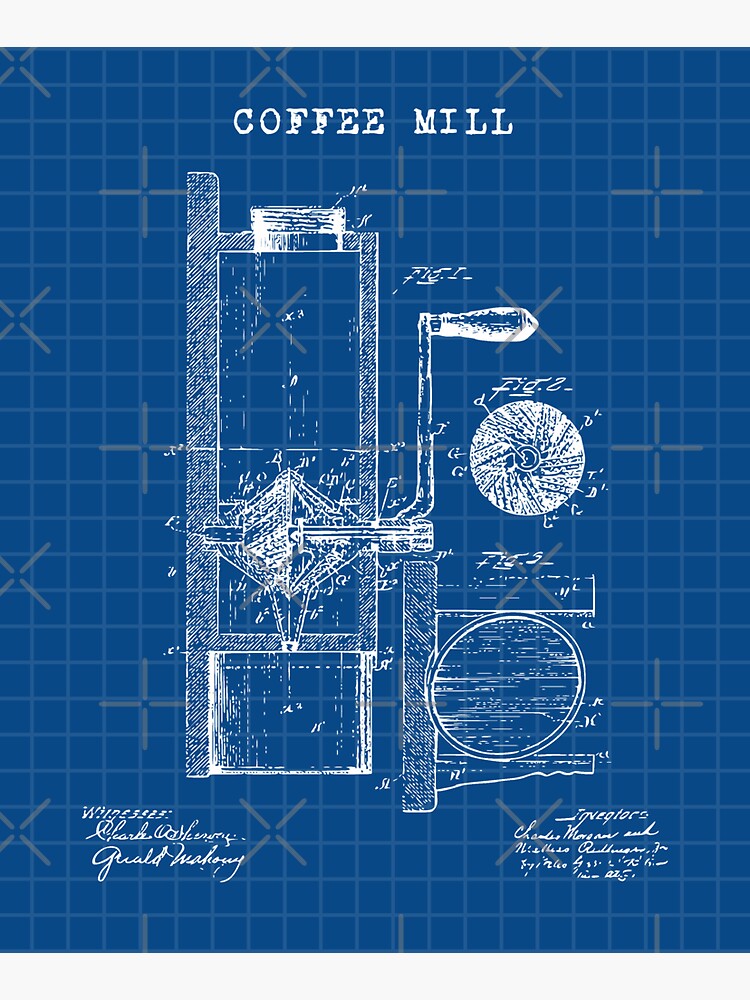 "Coffee Mill Technical Drawing Patent Blueprint" Sticker by