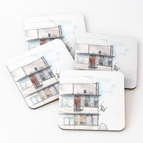 Item preview, Watercolor hand drawn sketch illustration of corner of a house with balconies art designed and sold by FuzzyLogicKate.