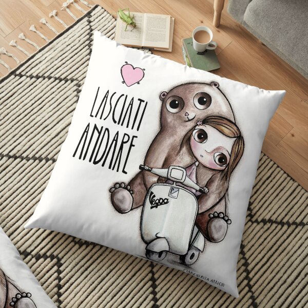 The doll and the bear with big eyes on Vespa, art Margherita Arrighi Floor Pillow