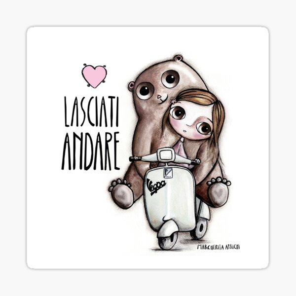 The doll and the bear with big eyes on Vespa, art Margherita Arrighi Sticker