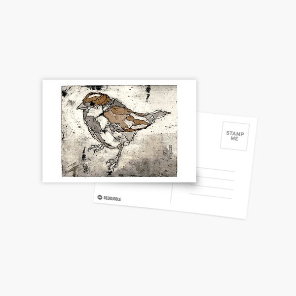 Spatz Radierung. Aquarell Kolorierung Postkarte