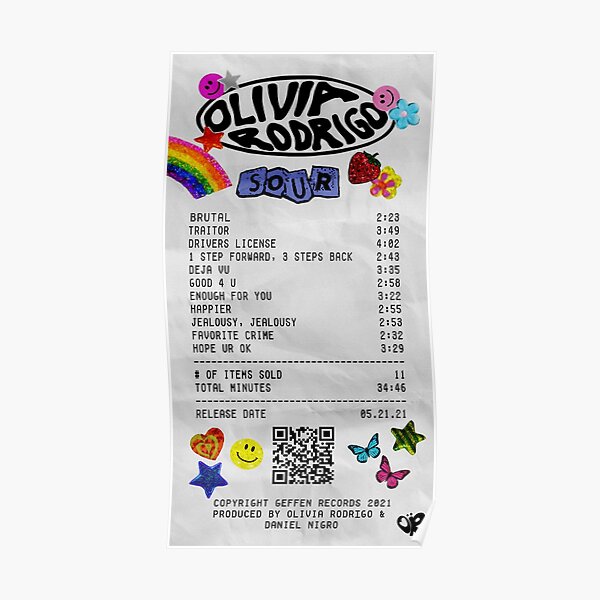 olivia rodrigo - sour album receipt Poster
