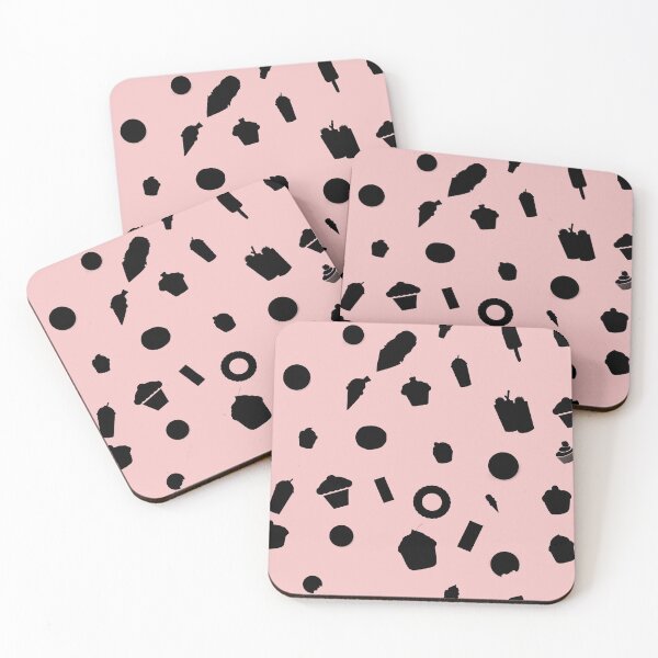 Item preview, Black Seamless pattern of delicious sweets like ice cream, donuts, cup cakes, Popsicle, slurpy on Baby Pink #f4c2c2 designed and sold by Artsy Boulevard.
