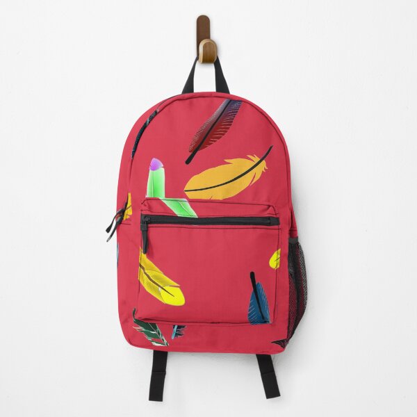Item preview, Colorful feathers floating and falling simple design artwork on rusty red #da2c43 designed and sold by Artsy Boulevard.