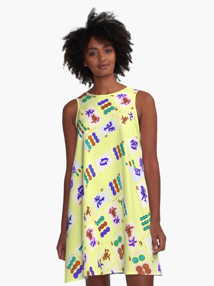 Thumbnail 1 of 4, A-Line Dress, Mahjong Yellow Pattern designed and sold by johndavis71.