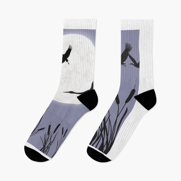 Item preview, Beautiful Traditional Storks taking flight by the River Cattails At Night Silhouette  designed and sold by ThousandAutumns.
