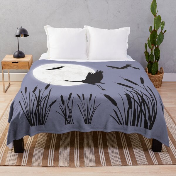 Item preview, Beautiful Traditional Storks taking flight by the River Cattails At Night Silhouette designed and sold by ThousandAutumns.