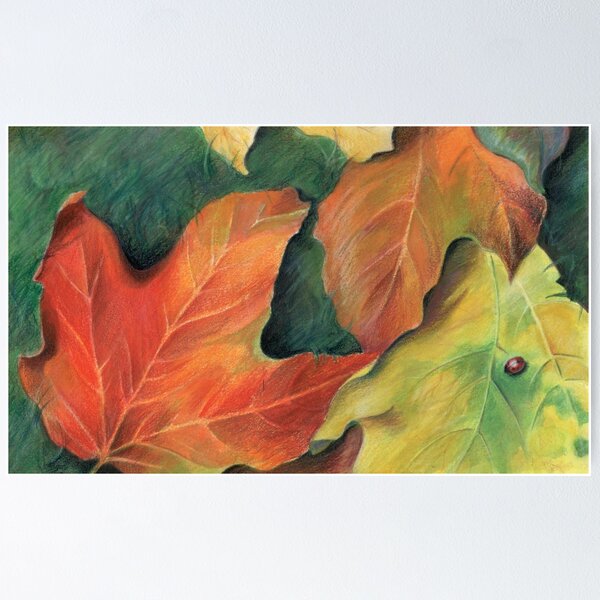 Item preview, Maple leaves in fall colors of orange and yellow with a red ladybug - Art Reproduction (Print) - "Autumn Leaves"  designed and sold by Carye VanDerPol Mahoney.
