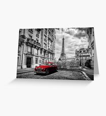 Artistic Paris, France. Eiffel Tower seen from the street with red retro limousine car Greeting Card