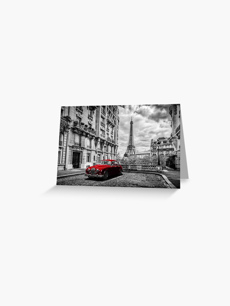 Wall Mural Eiffel Tower with Red retro limousine car, Fabric