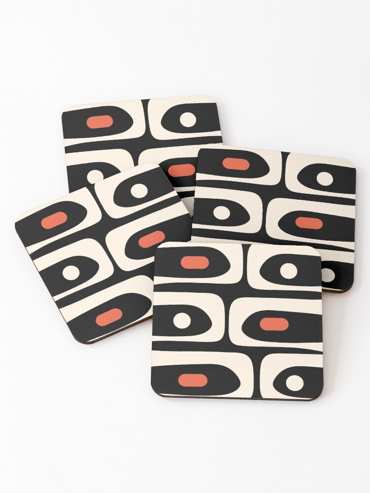 Thumbnail 1 of 5, Coasters (Set of 4), Mid Century Modern Piquet Abstract Pattern Black, Orange, and Almond Cream designed and sold by kierkegaard.