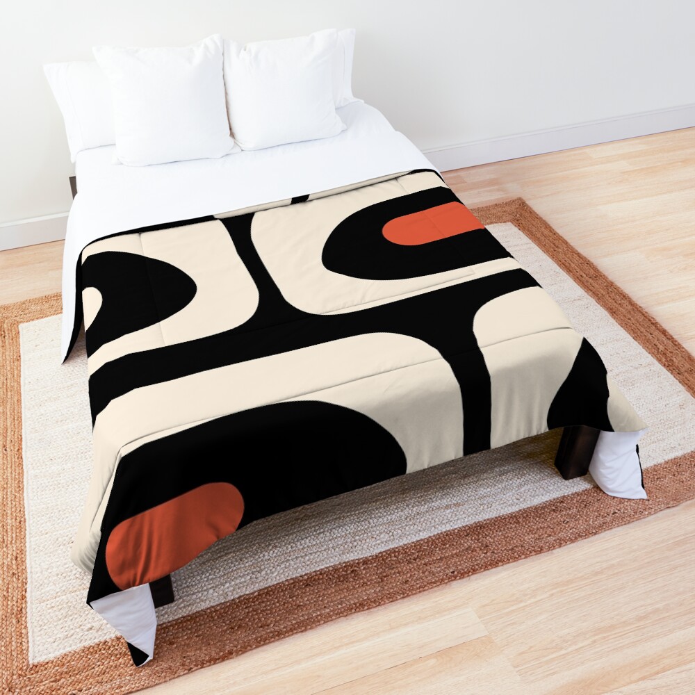 Mid Century Modern Piquet Abstract Pattern Black, Orange, and Almond Cream Comforter