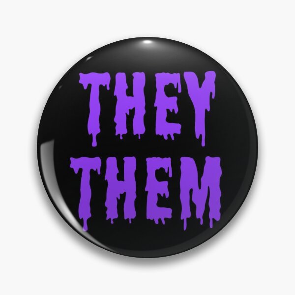 Item preview, They/them trans pronouns pin button purple spooky horror goth designed and sold by nexus-vi.